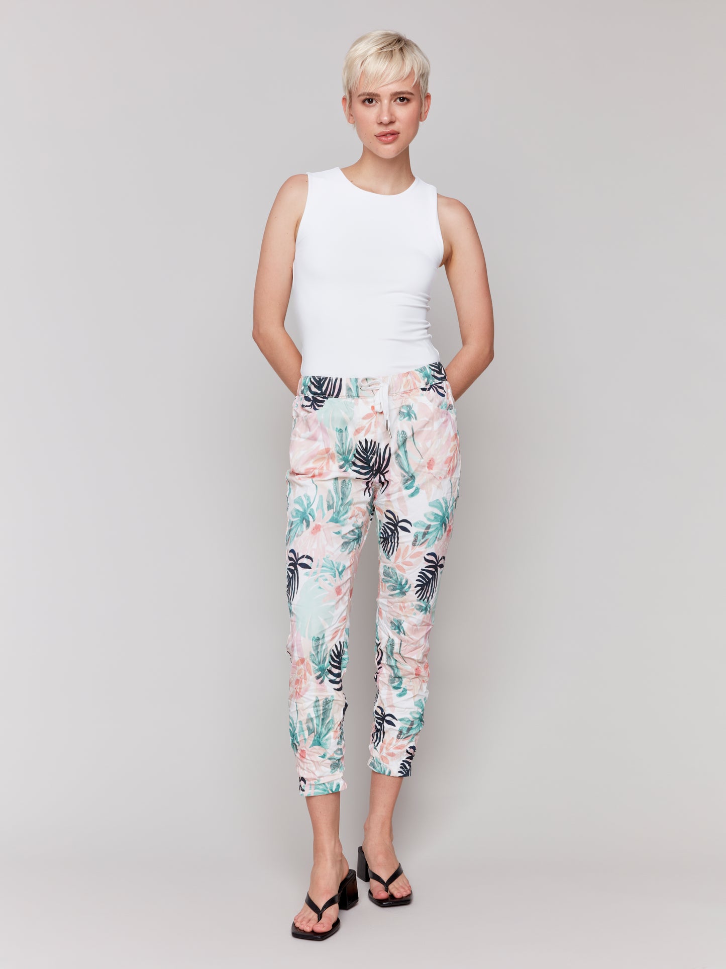 Charlie B Spring/Summer 2025-C5219T-P830-Printed Crinkle Bengaline Jogger Pant -Lush - The Coach Pyramids