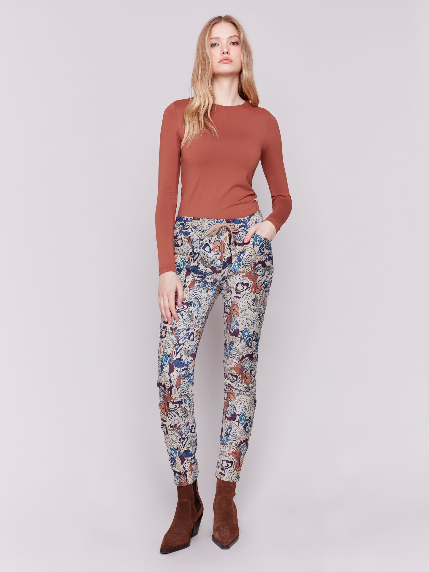 Charlie B Fall 2024-C5226X-P152-Crinkled Printed Suede Pull On Pant-Multi Color - The Coach Pyramids
