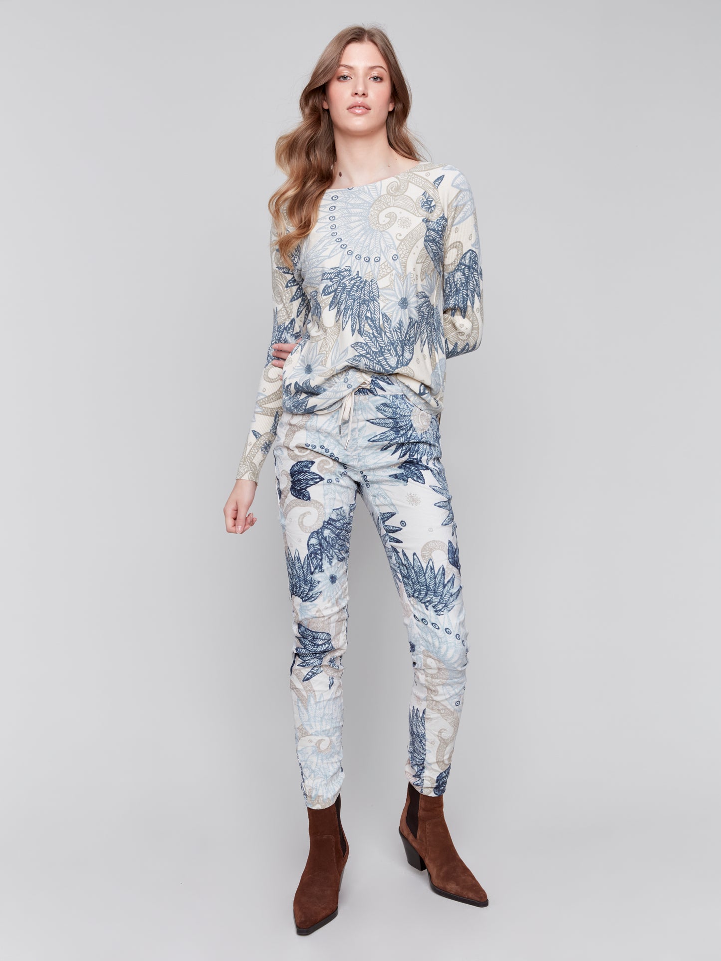 Charlie B Fall 2024-C5226X-P117-Crinkled Printed Suede Pull On Pant-Navy - The Coach Pyramids