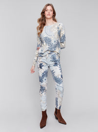 Charlie B Fall 2024-C5226X-P117-Crinkled Printed Suede Pull On Pant-Navy - The Coach Pyramids