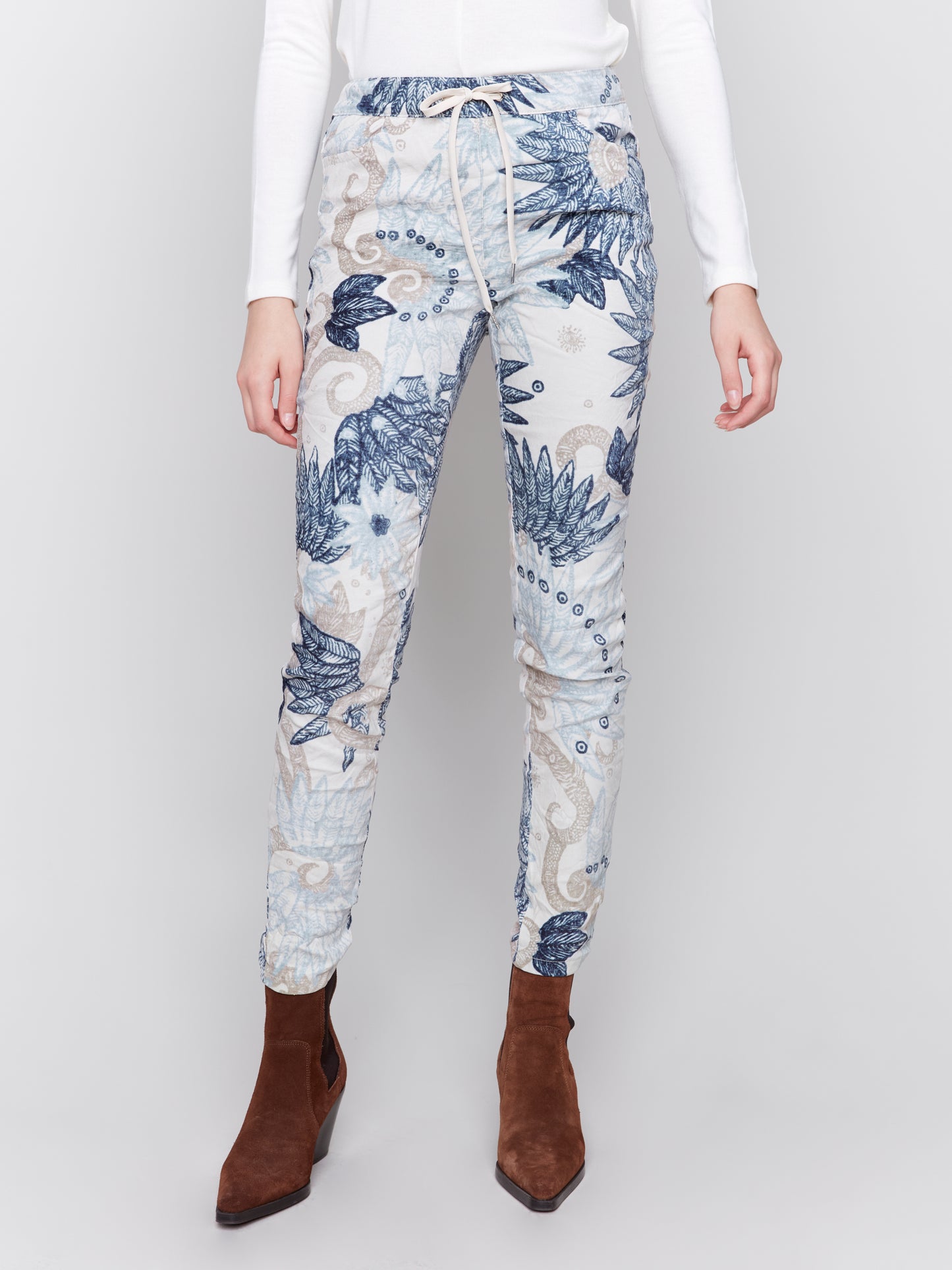 Charlie B Fall 2024-C5226X-P117-Crinkled Printed Suede Pull On Pant-Navy - The Coach Pyramids