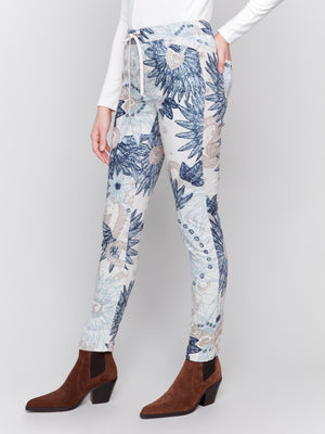 Charlie B Fall 2024-C5226X-P679-Crinkled Printed Suede Pull On Pant-Feather