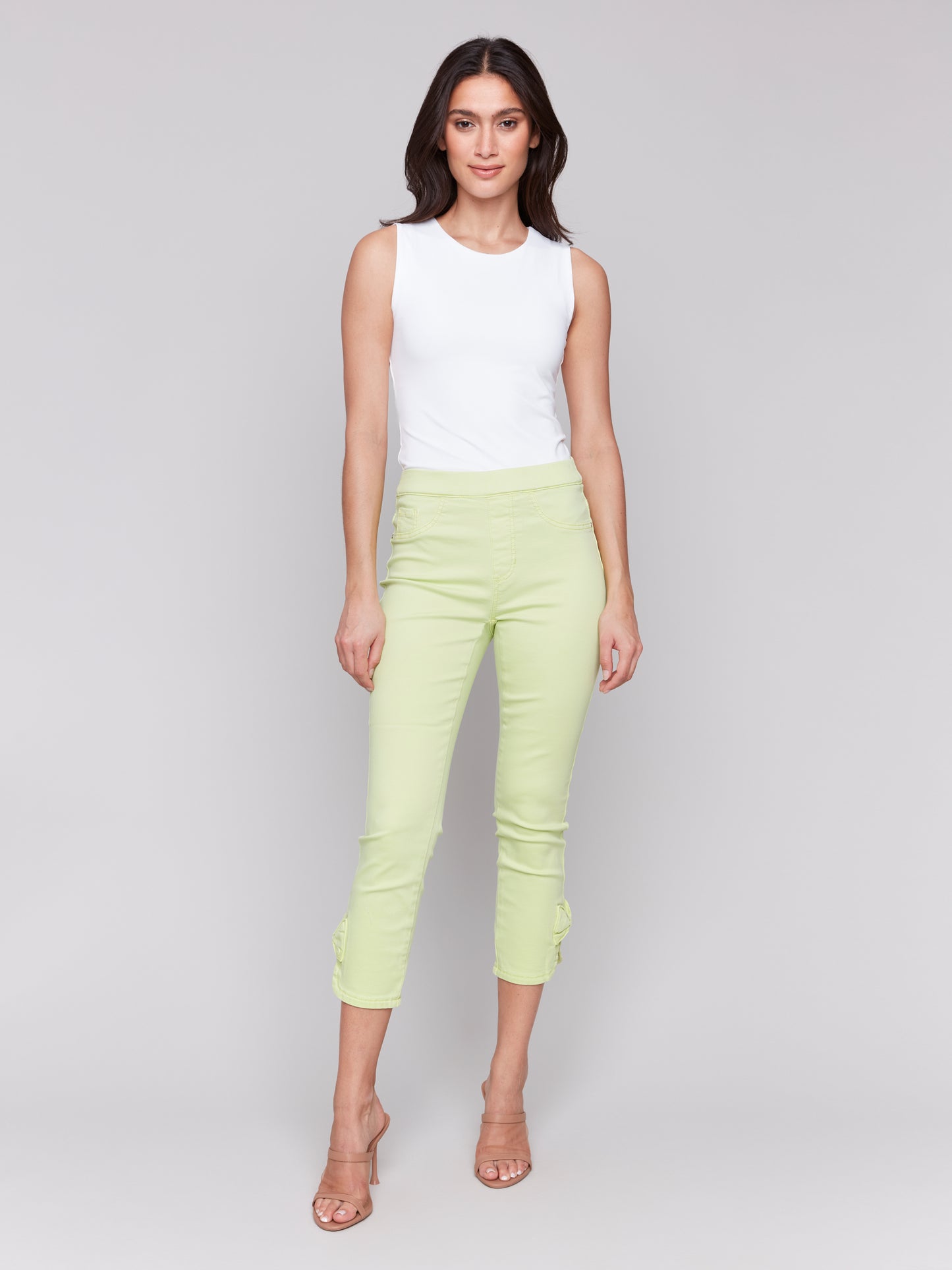 Charlie B Spring/Summer 2025-C5333X-015-Pull On Jeans W/Bow Detail-Key Lime - The Coach Pyramids