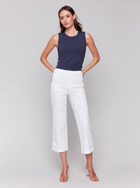 Charlie B Spring/Summer 2025-C5404RR-002-Cropped Pull On Twill Pants W/Hem Tab-White - The Coach Pyramids