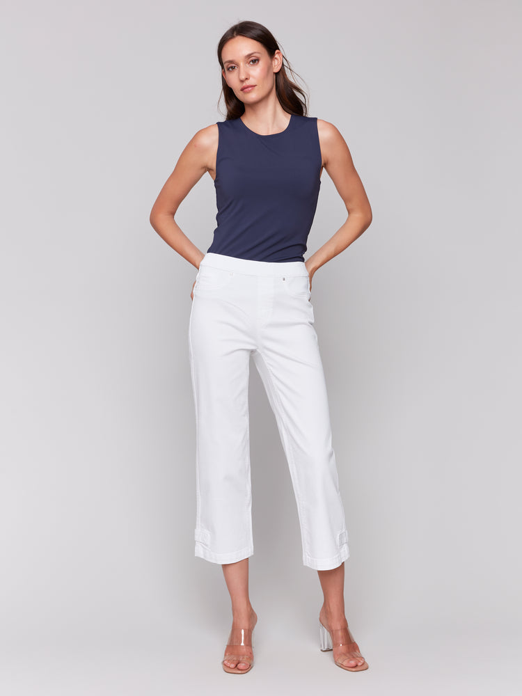 Charlie B Spring/Summer 2025-C5404RR-002-Cropped Pull On Twill Pants W/Hem Tab-White