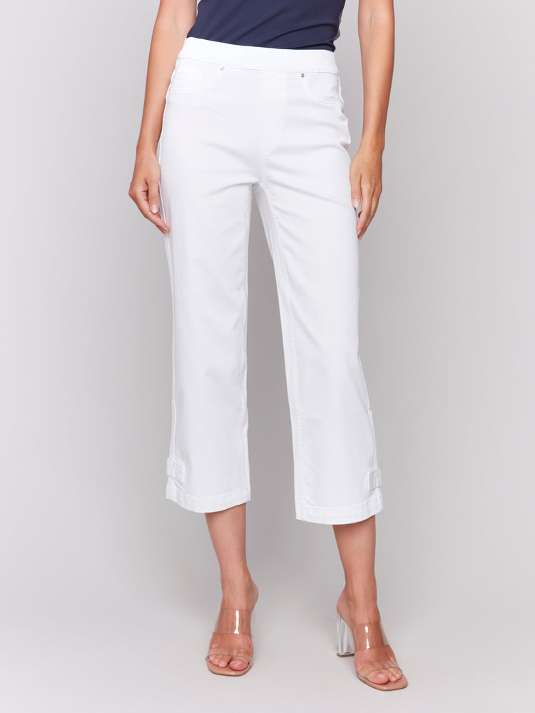 Charlie B Spring/Summer 2025-C5404RR-002-Cropped Pull On Twill Pants W/Hem Tab-White