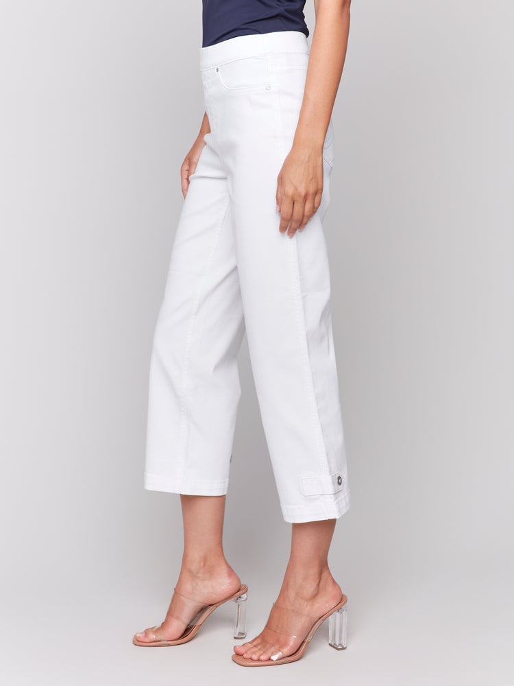 Charlie B Spring/Summer 2025-C5404RR-002-Cropped Pull On Twill Pants W/Hem Tab-White