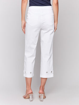 Charlie B Spring/Summer 2025-C5404RR-002-Cropped Pull On Twill Pants W/Hem Tab-White