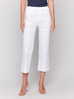 Charlie B Spring/Summer 2025-C5404RR-002-Cropped Pull On Twill Pants W/Hem Tab-White