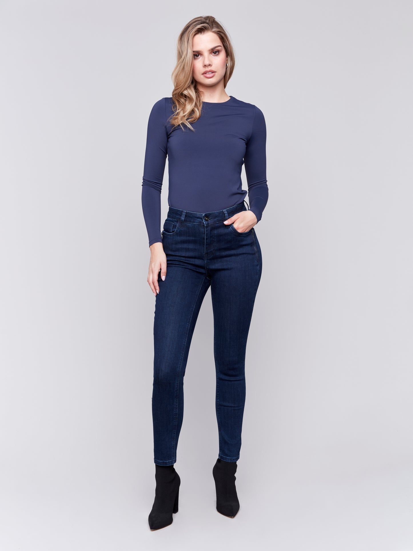 Charlie B Fall 2024-C5430R-283-Stretch Denim 5 Pocket Pant-Blue Black - The Coach Pyramids