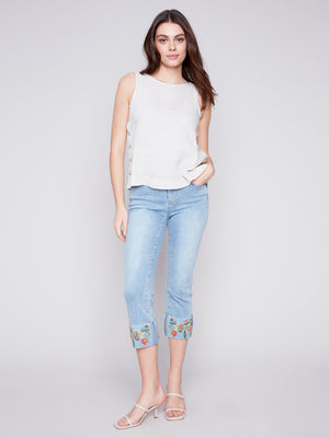 Charlie B Spring/Summer 2024-C5473-431A-Embroidered Cuff Ankle Pant-LT Blue - The Coach Pyramids