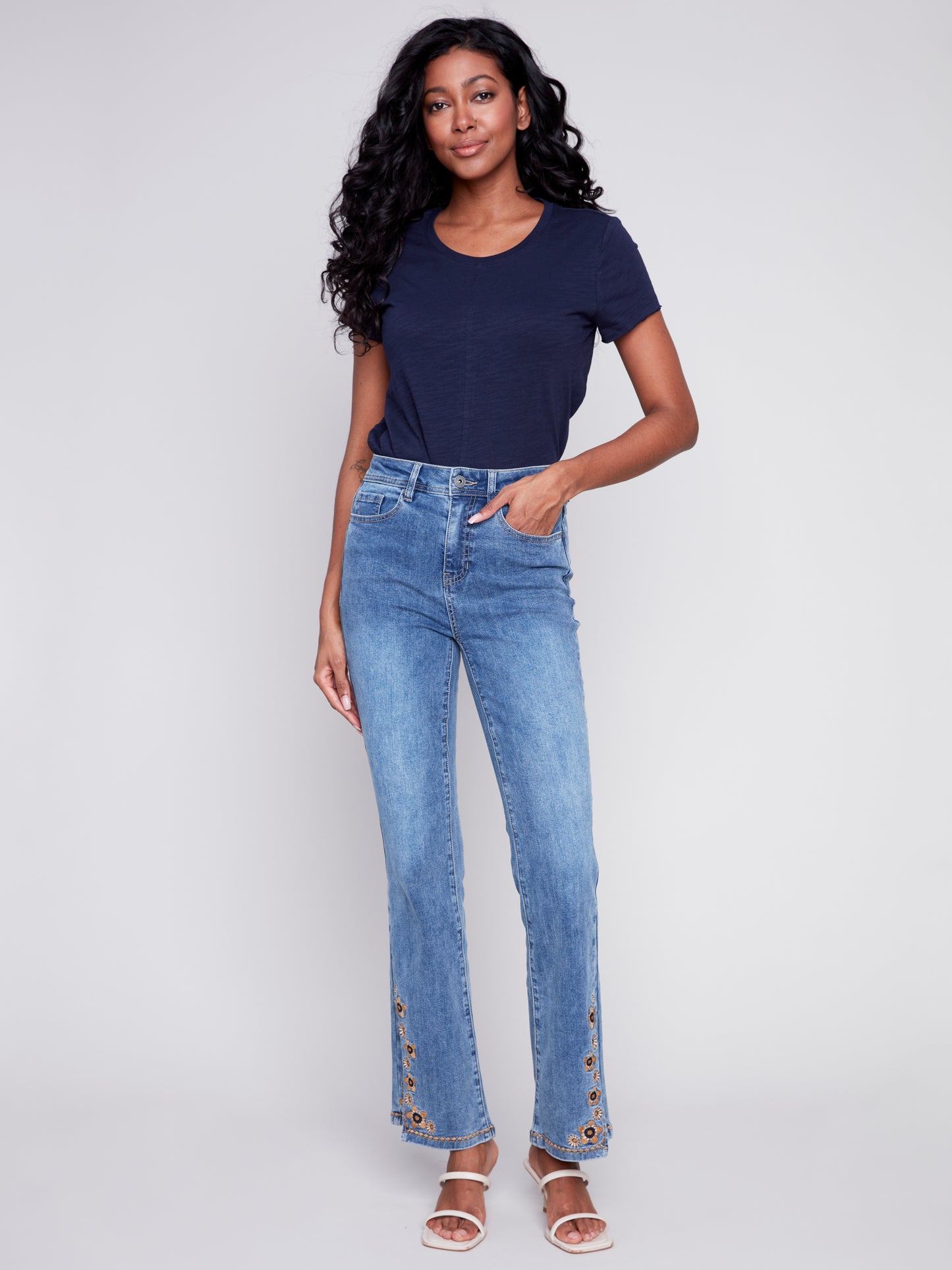 Charlie B Spring/Summer 2024-C5475-431A-Bell Bottom Denim Pant-Medium Blue - The Coach Pyramids