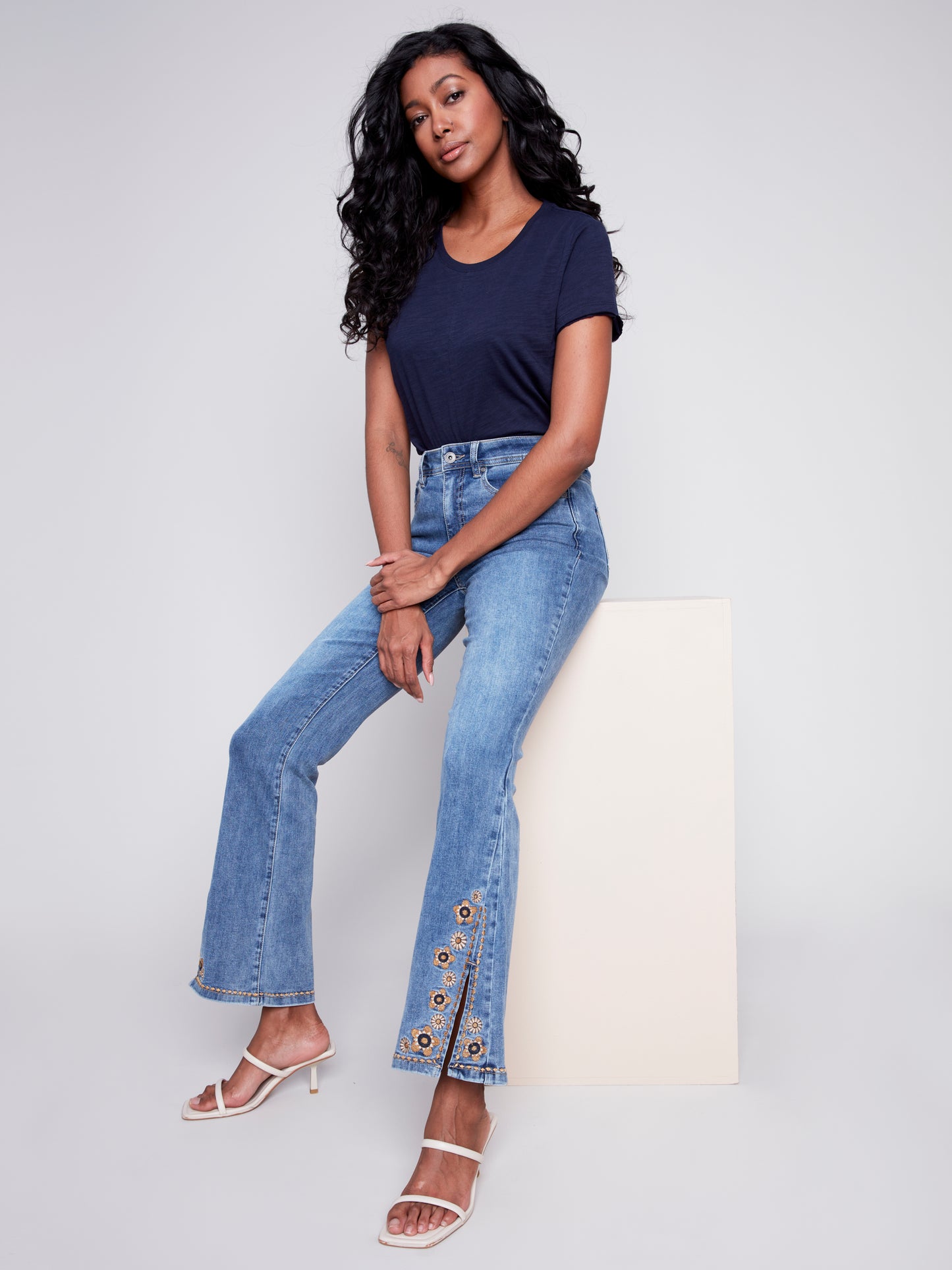 Charlie B Spring/Summer 2024-C5475-431A-Bell Bottom Denim Pant-Medium Blue - The Coach Pyramids