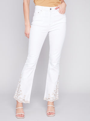 Charlie B Spring/Summer 2024-C5490-615A-Embroidered Hem Pant-White - The Coach Pyramids