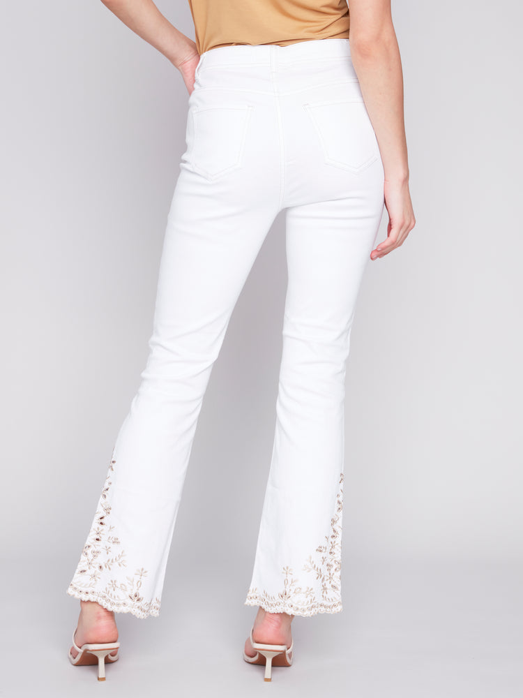 Charlie B Spring/Summer 2024-C5490-615A-Embroidered Hem Pant-White - The Coach Pyramids