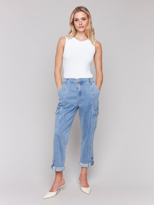 Charlie B Spring/Summer 2025-C5492R-198-Stretch Tencel Cargo Pants-Chambray