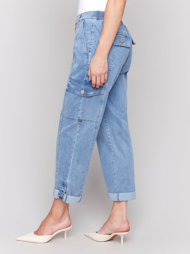 Charlie B Spring/Summer 2025-C5492R-198-Stretch Tencel Cargo Pants-Chambray