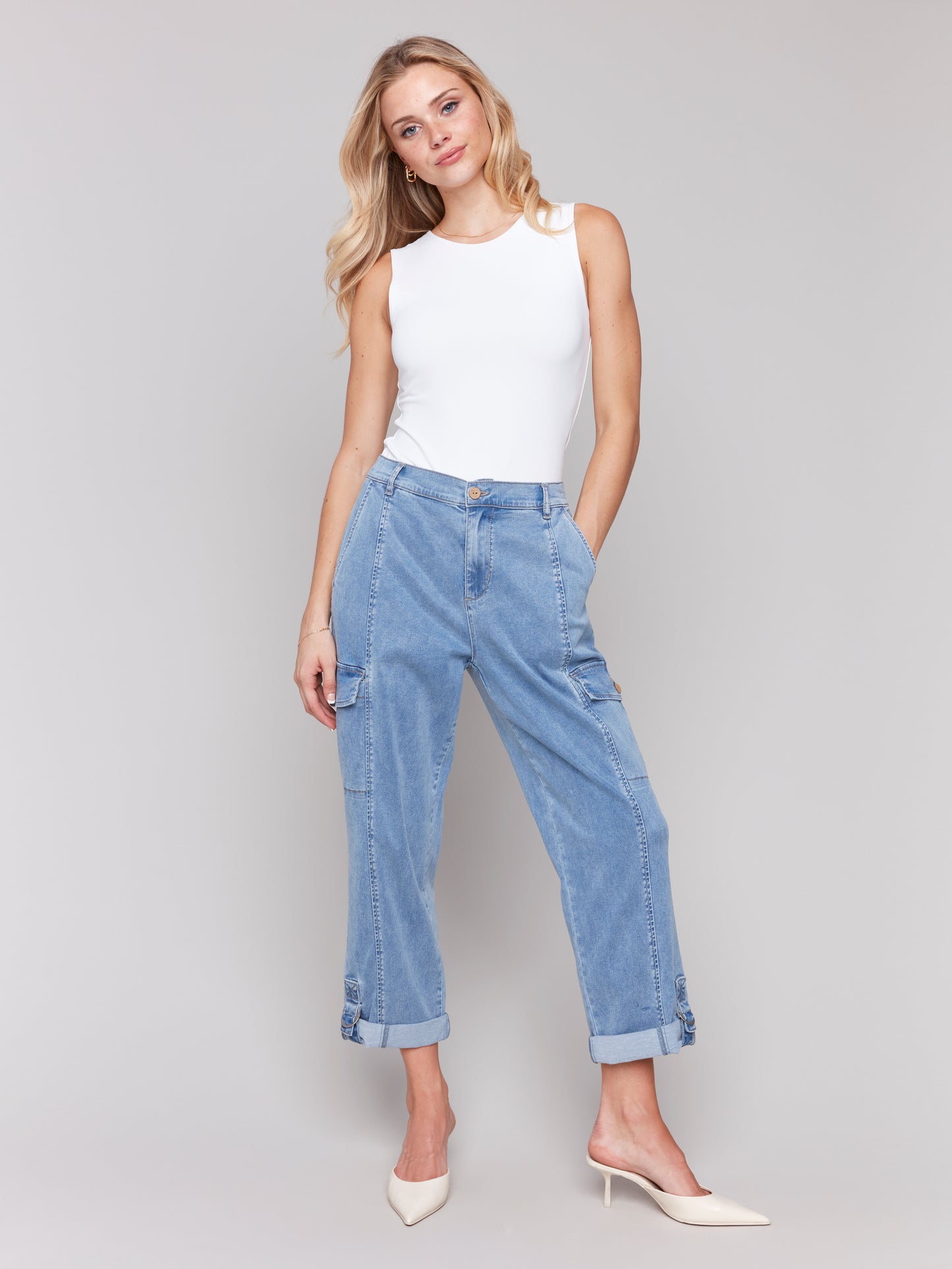 Charlie B Spring/Summer 2025-C5492R-198-Stretch Tencel Cargo Pants-Chambray - The Coach Pyramids