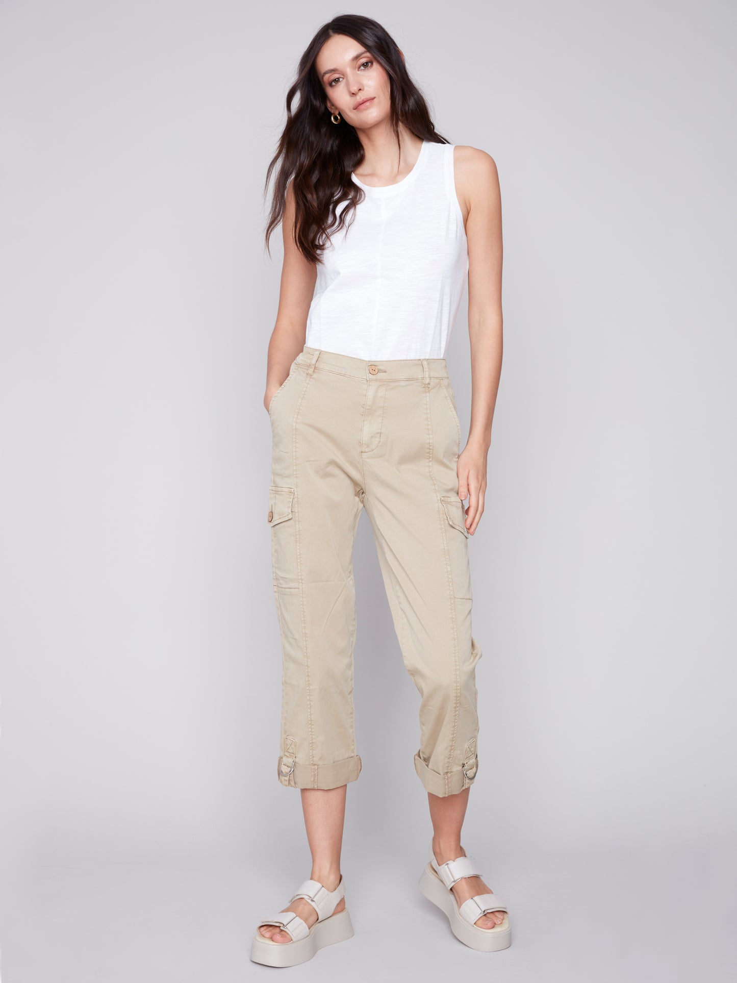 Charlie B Spring/Summer 2024-C5492-875B-Canvas Cargo Pant-Khaki - The Coach Pyramids