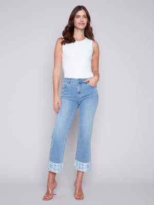 Charlie B Spring/Summer 2024-C5496-431A-Printed Cuffed Ankle Denim Pant-LT Blue - The Coach Pyramids