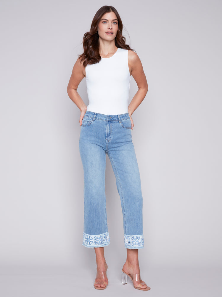 Charlie B Spring/Summer 2024-C5496-431A-Printed Cuffed Ankle Denim Pant-LT Blue - The Coach Pyramids