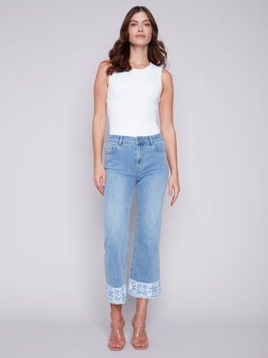 Charlie B Spring/Summer 2024-C5496-431A-Printed Cuffed Ankle Denim Pant-LT Blue - The Coach Pyramids