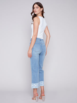 Charlie B Spring/Summer 2024-C5496-431A-Printed Cuffed Ankle Denim Pant-LT Blue - The Coach Pyramids