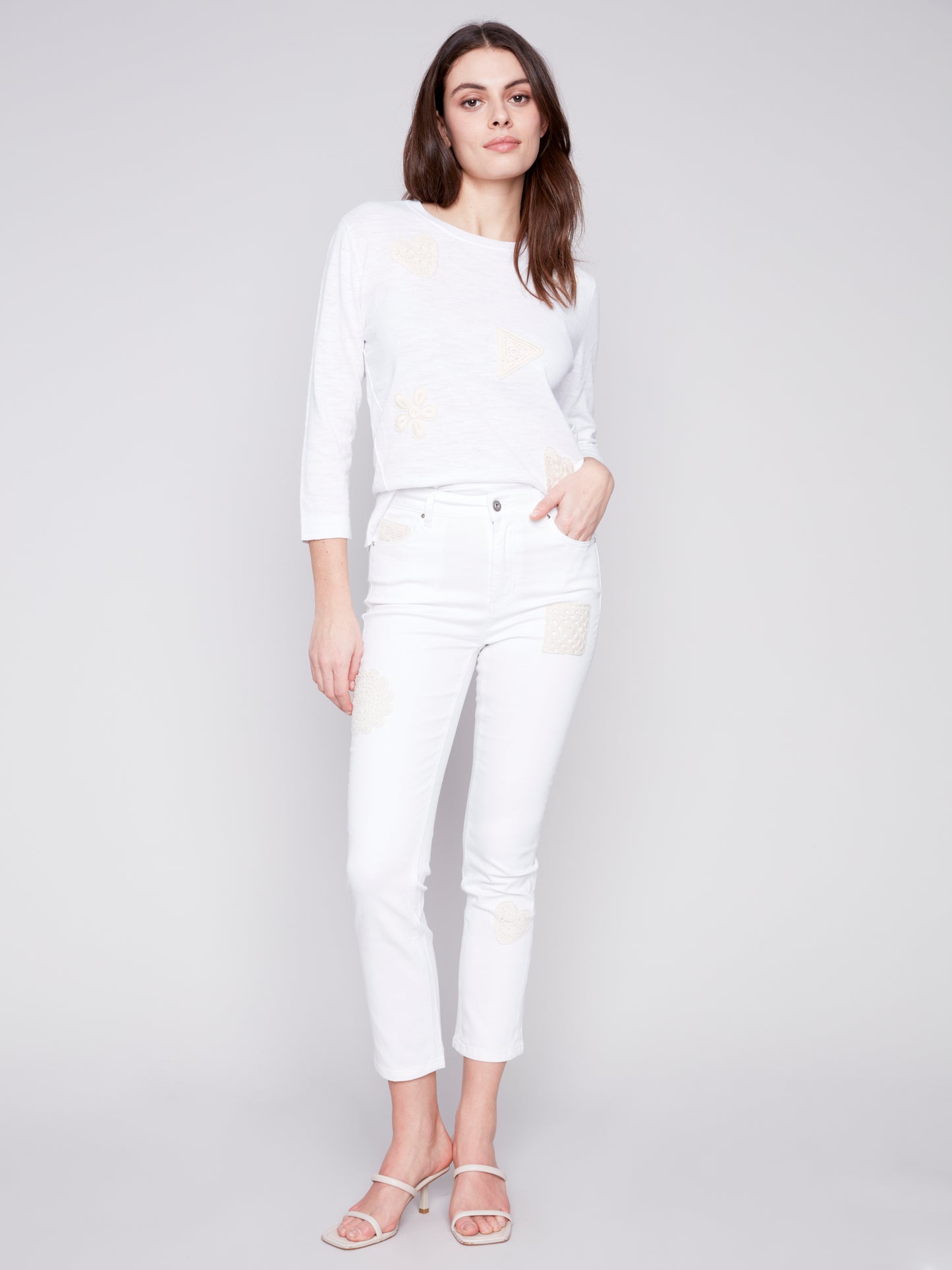 Charlie B Spring/Summer 2024-C5509-615A-Crochet Patch Pant-White - The Coach Pyramids