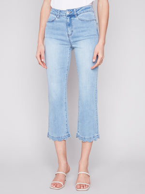 Charlie B Spring/Summer 2024-C5512-431A-Lace Hem Denim Pant-LT Blue - The Coach Pyramids