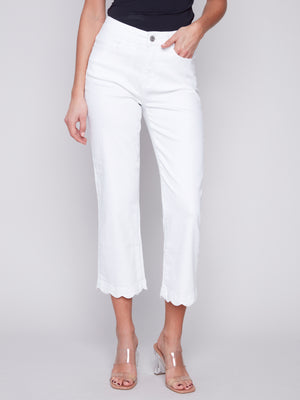 Charlie B Spring/Summer 2024-C5512-615A-Lace Hem Denim Pant-White - The Coach Pyramids