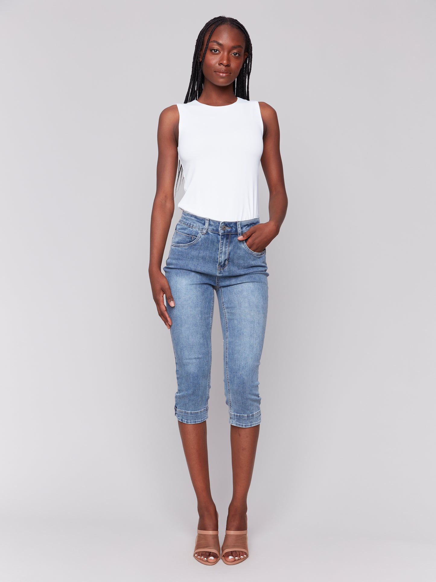 Charlie B Spring/Summer 2025-C5514R-156-Knee High Capri Denim Pant-Medium Blue - The Coach Pyramids