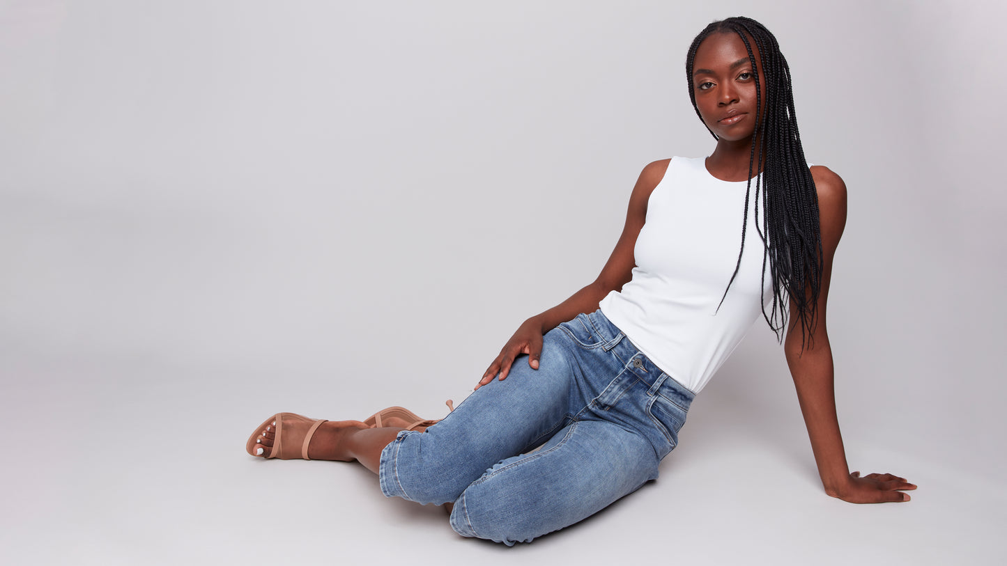 Charlie B Spring/Summer 2025-C5514R-156-Knee High Capri Denim Pant-Medium Blue - The Coach Pyramids