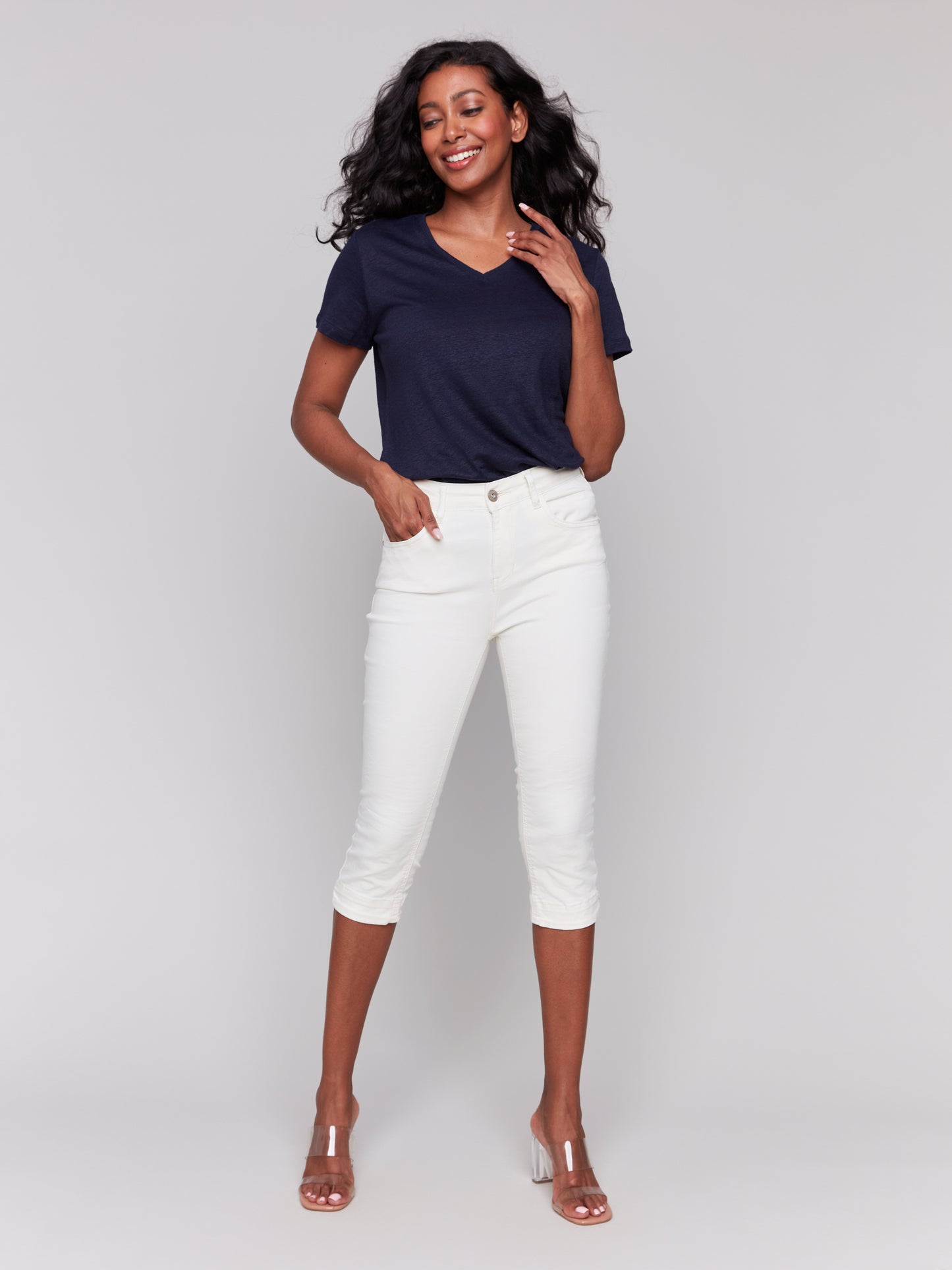 Charlie B Spring/Summer 2025-C5514R-100-Knee High Capri Denim Pant-Natural - The Coach Pyramids