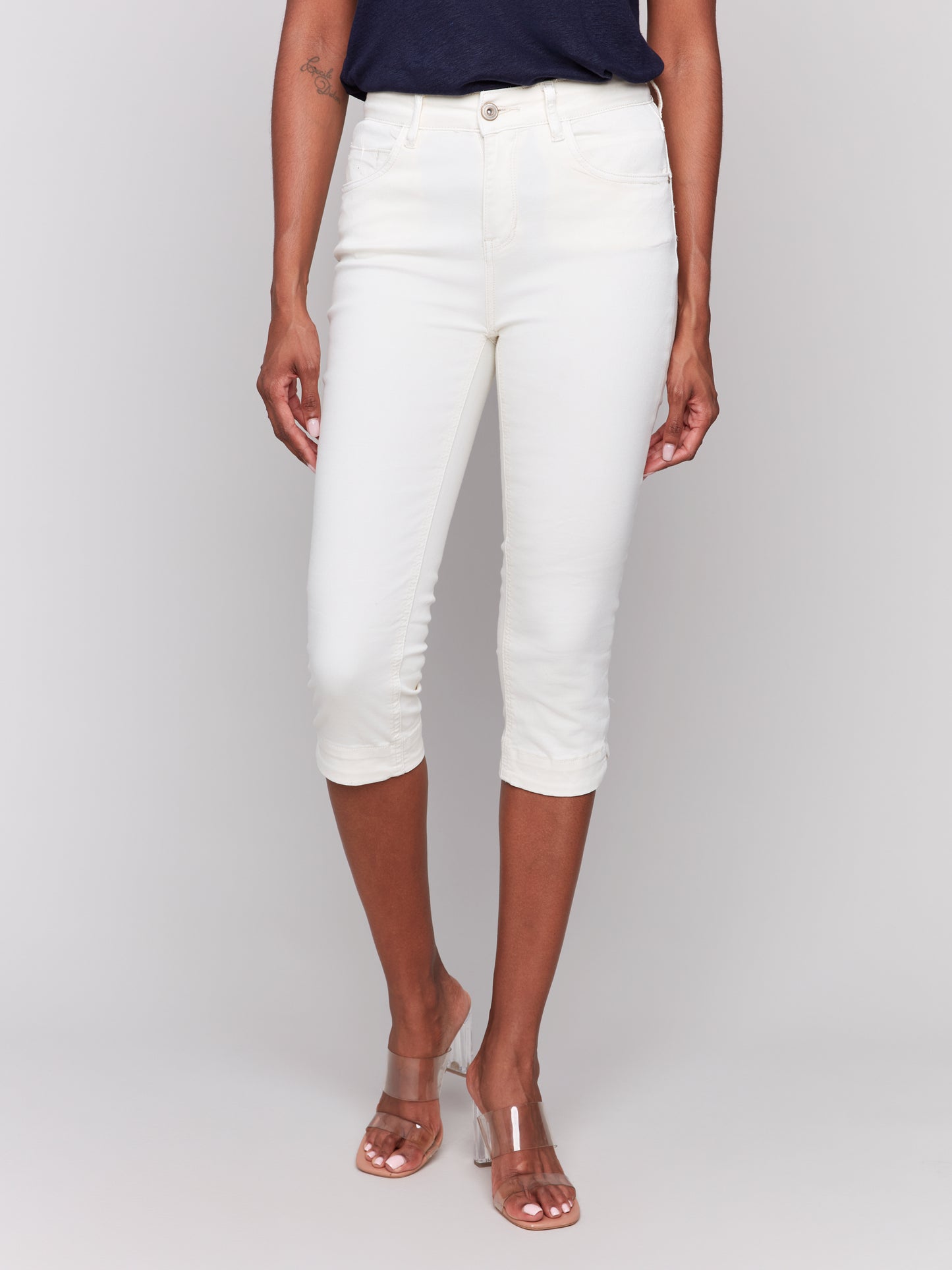 Charlie B Spring/Summer 2025-C5514R-100-Knee High Capri Denim Pant-Natural - The Coach Pyramids