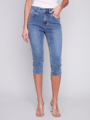 Charlie B Spring/Summer 2024-C5514-431A-Capri Denim Pant-Medium Blue - The Coach Pyramids