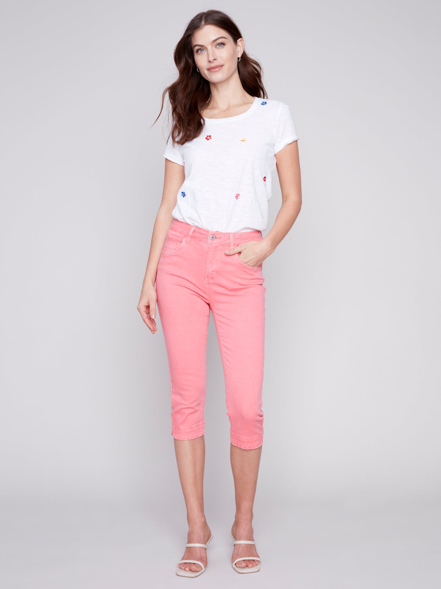 Charlie B Spring/Summer 2024-C5514-618A-Capri Twill Pant-Natural - The Coach Pyramids