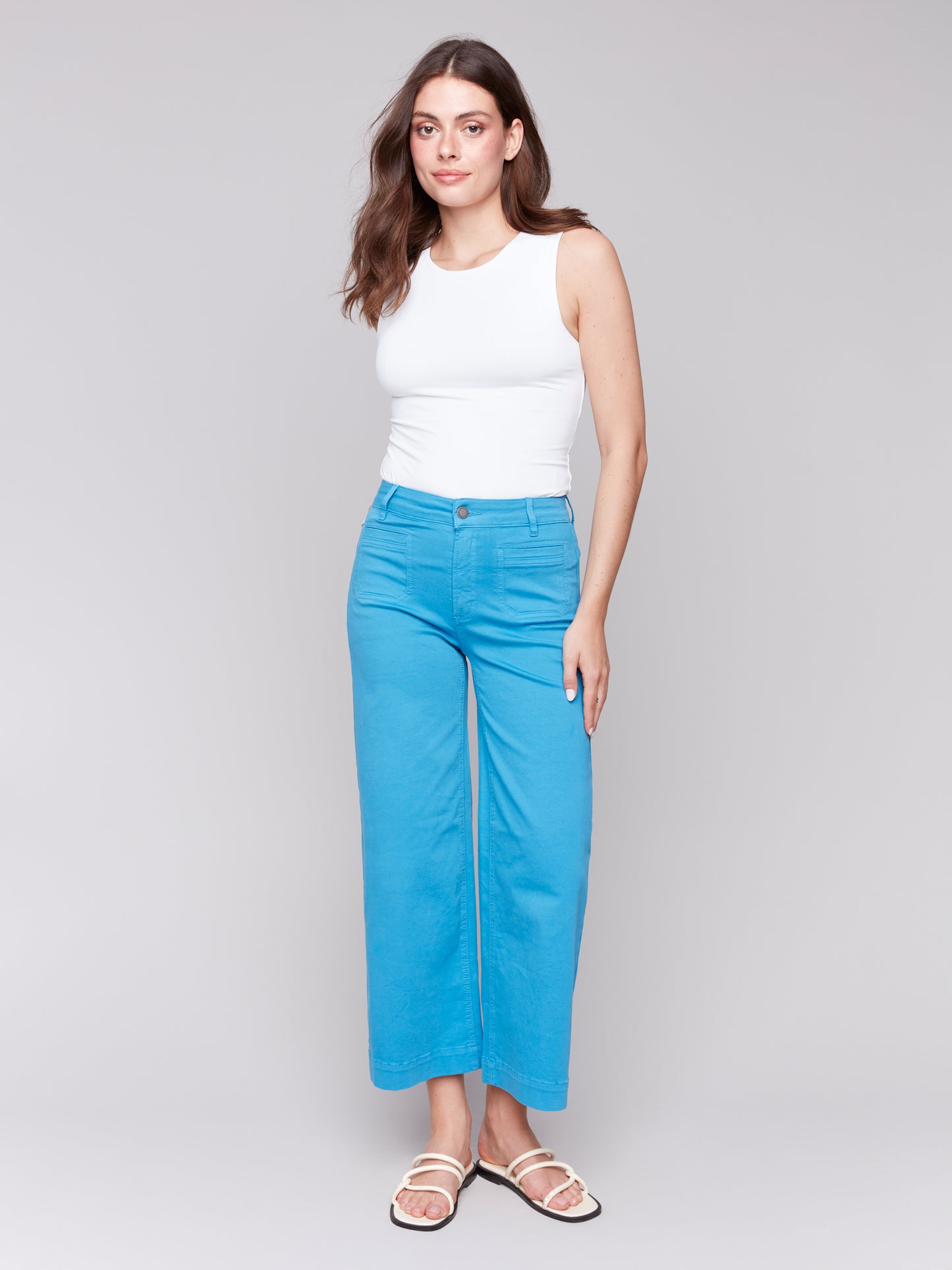 Charlie B Spring/Summer 2025-C5538R-618A-Cropped Flare Leg Front Patch Pocket Pant-Lagoon - The Coach Pyramids