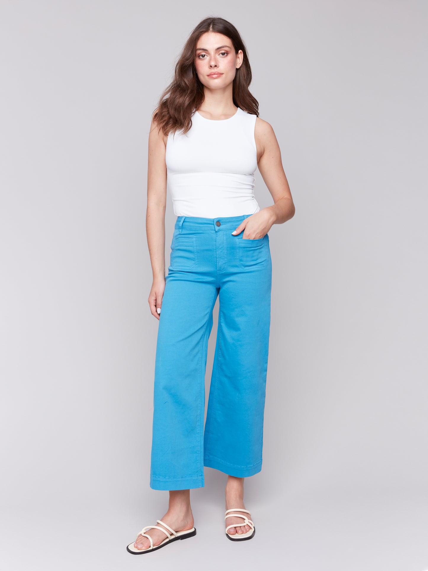 Charlie B Spring/Summer 2025-C5538R-618A-Cropped Flare Leg Front Patch Pocket Pant-Lagoon - The Coach Pyramids
