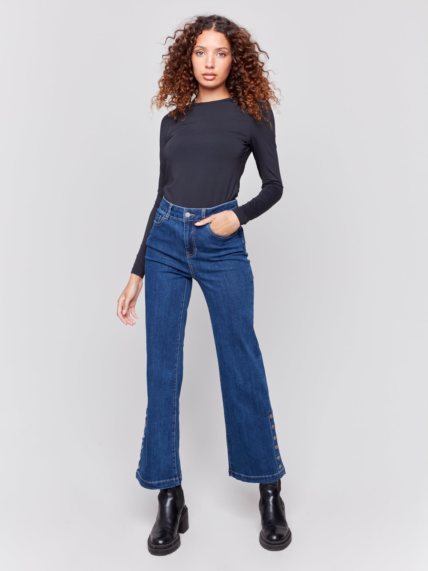 Charlie B Fall 2024-C5549-007-Side Button Flare Leg Pant-Indigo - The Coach Pyramids