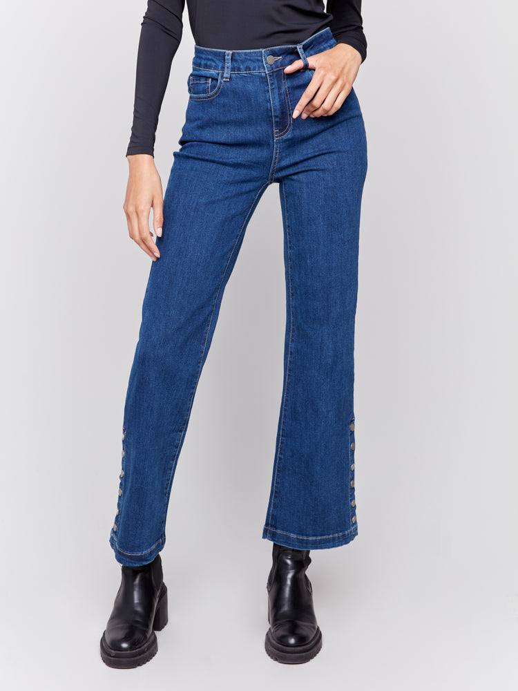 Charlie B Fall 2024-C5549-007-Side Button Flare Leg Pant-Indigo