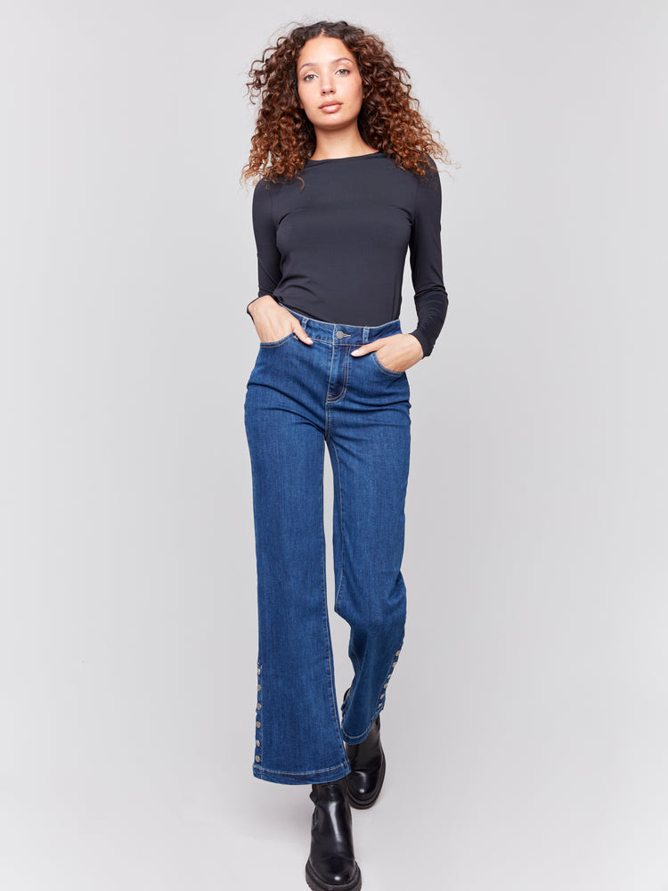 Charlie B Fall 2024-C5549-007-Side Button Flare Leg Pant-Indigo