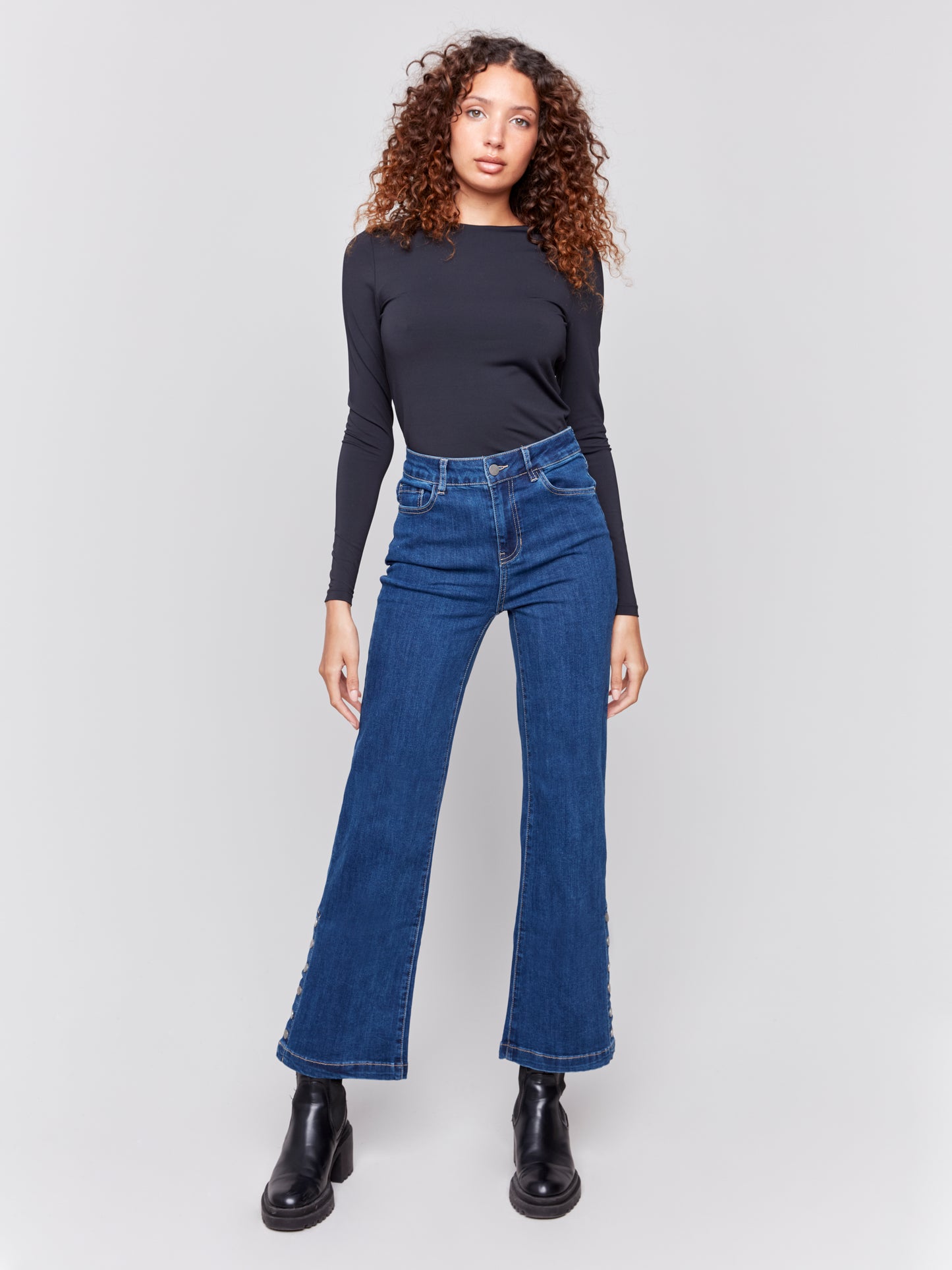 Charlie B Fall 2024-C5549-007-Side Button Flare Leg Pant-Indigo - The Coach Pyramids