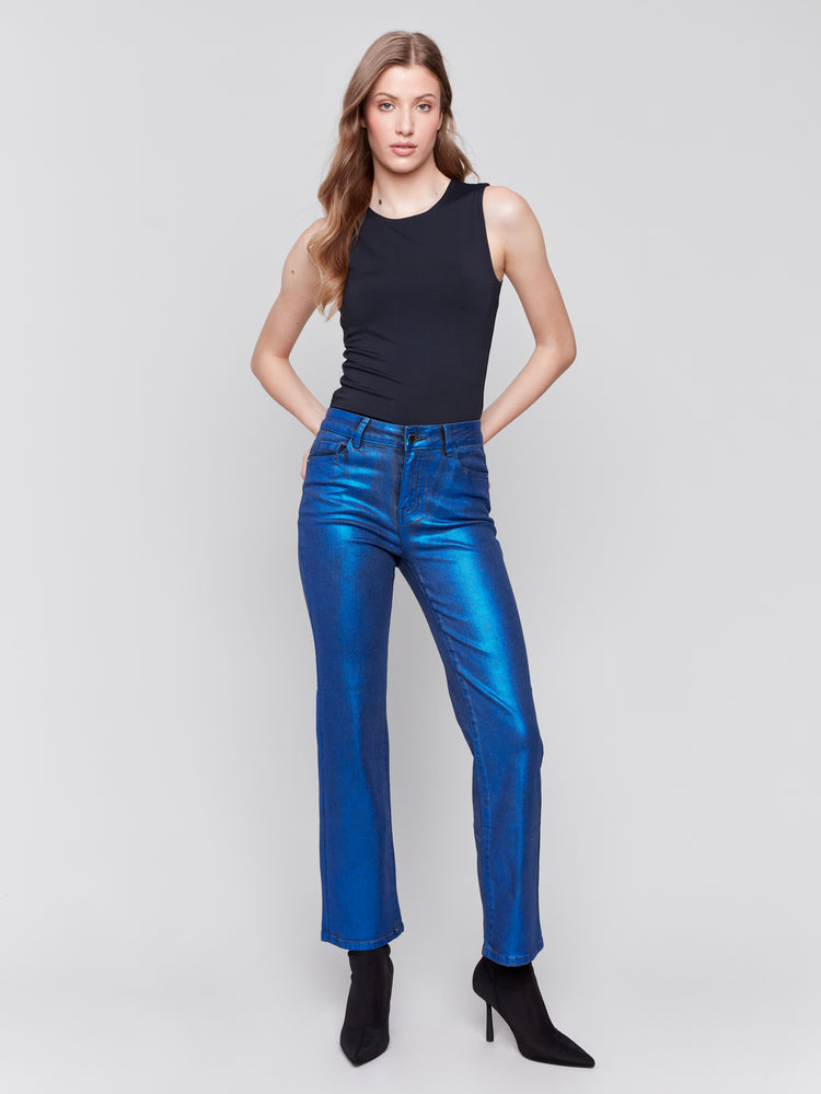 Charlie B Fall 2024-C5564-283-Shinny Foil Straight Leg Pant- Royal Blue Shinny