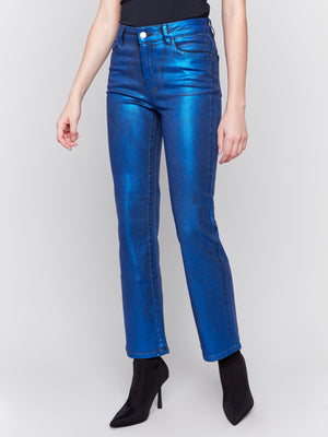 Charlie B Fall 2024-C5564-283-Shinny Foil Straight Leg Pant- Royal Blue Shinny