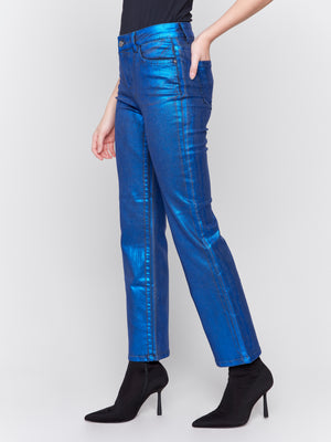 Charlie B Fall 2024-C5564-283-Shinny Foil Straight Leg Pant- Royal Blue Shinny