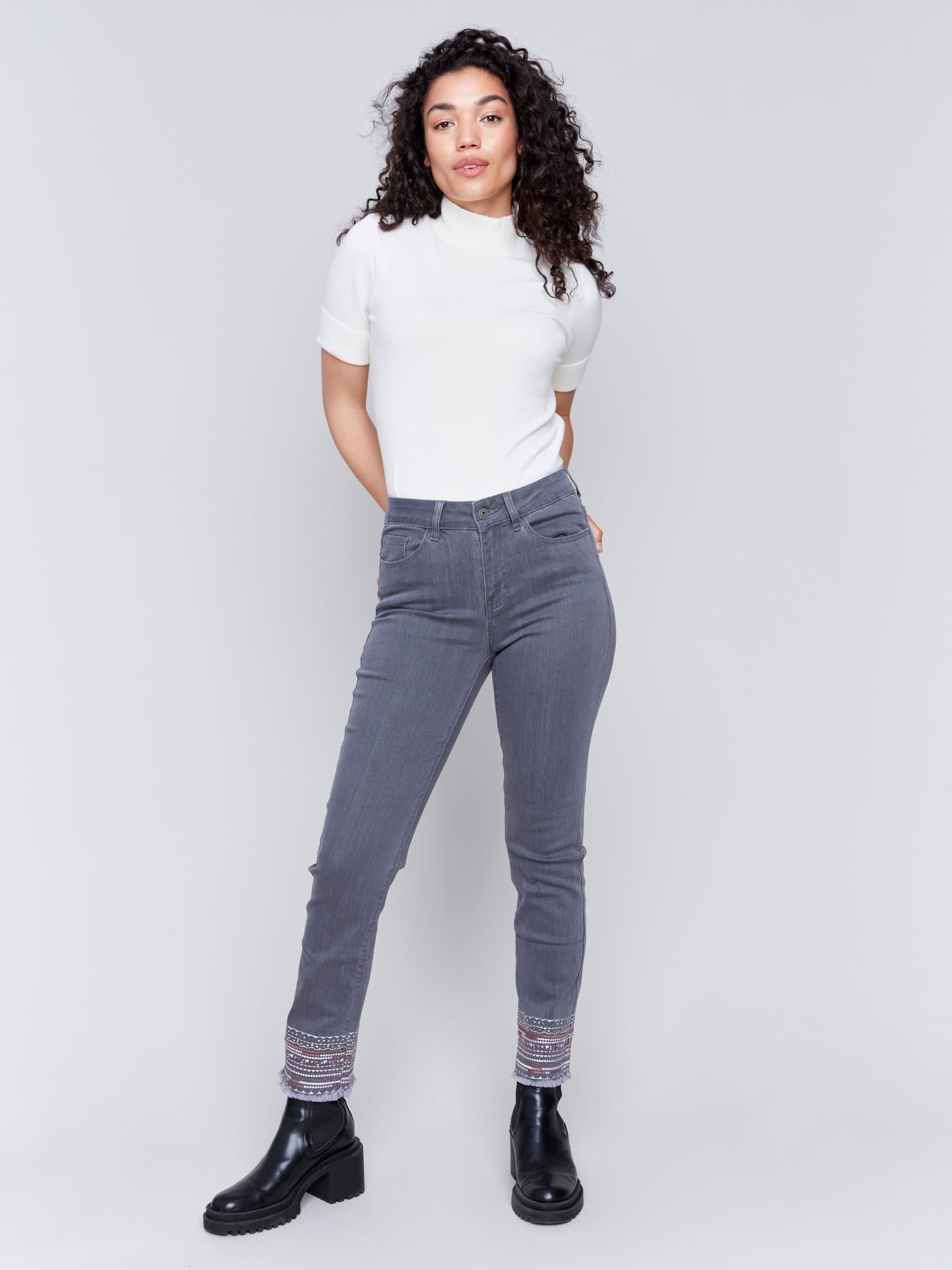 Charlie B Fall 2024-C5573-168-Embroidered Pant-Medium Grey - The Coach Pyramids