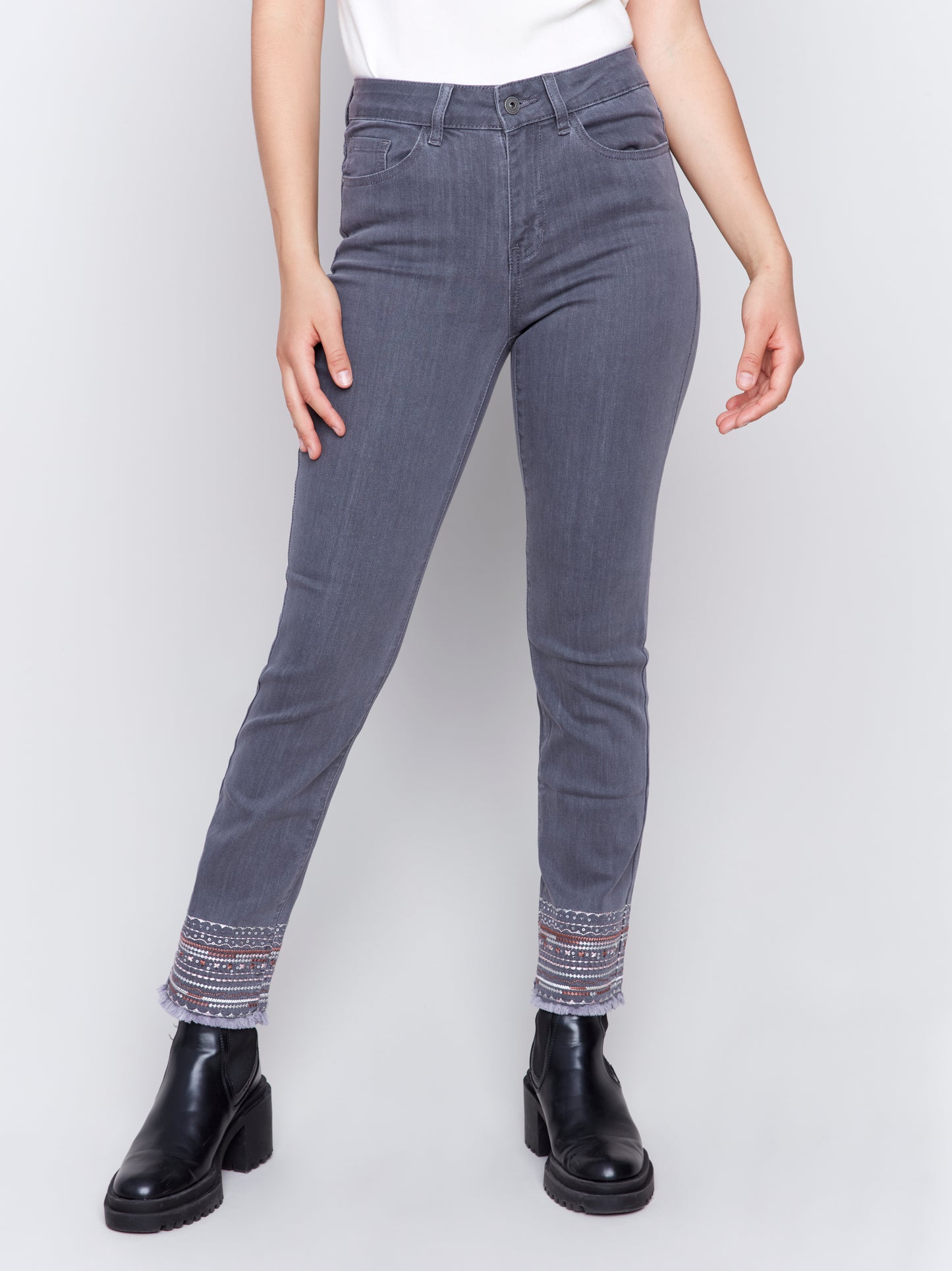 Charlie B Fall 2024-C5573-168-Embroidered Pant-Medium Grey - The Coach Pyramids