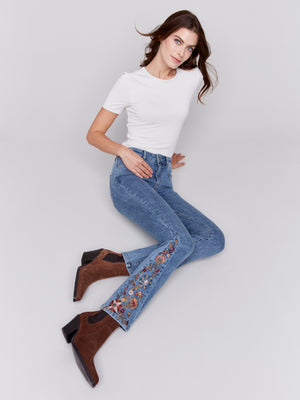 Charlie B Fall 2024-C5574-156-Embroidered Pant-Medium Blue