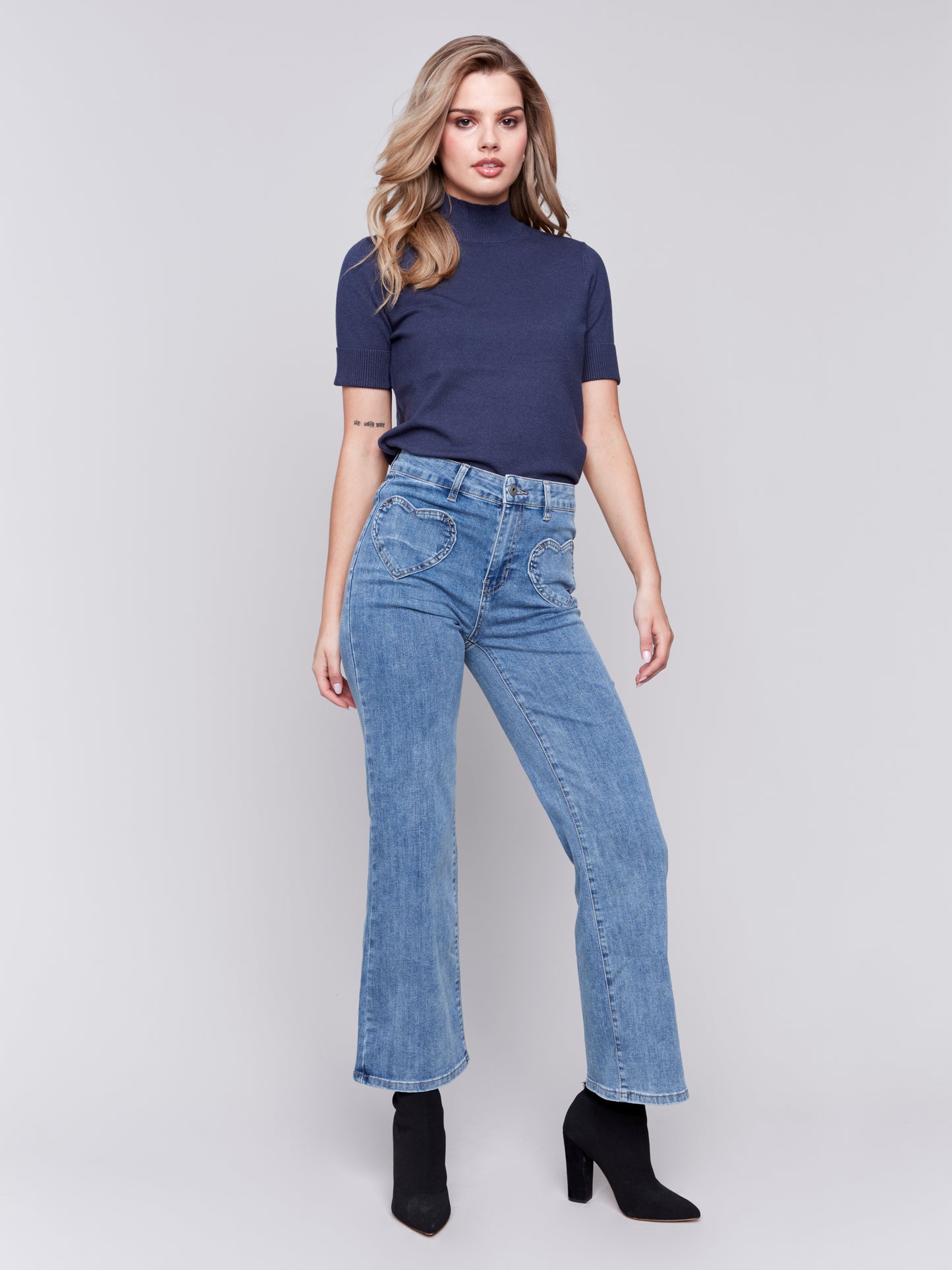 Charlie B Fall 2024-C5575-156-Flare Leg Pant W/Heart Shape Pocket-Medium Blue - The Coach Pyramids