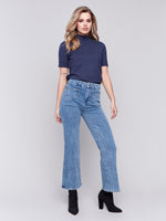 Charlie B Fall 2024-C5575-156-Flare Leg Pant W/Heart Shape Pocket-Medium Blue